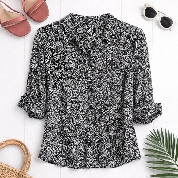 NY Collection Black & White Paisley Blouse | Size XL | Roll-Tab Sleeves - Picture 3 of 9